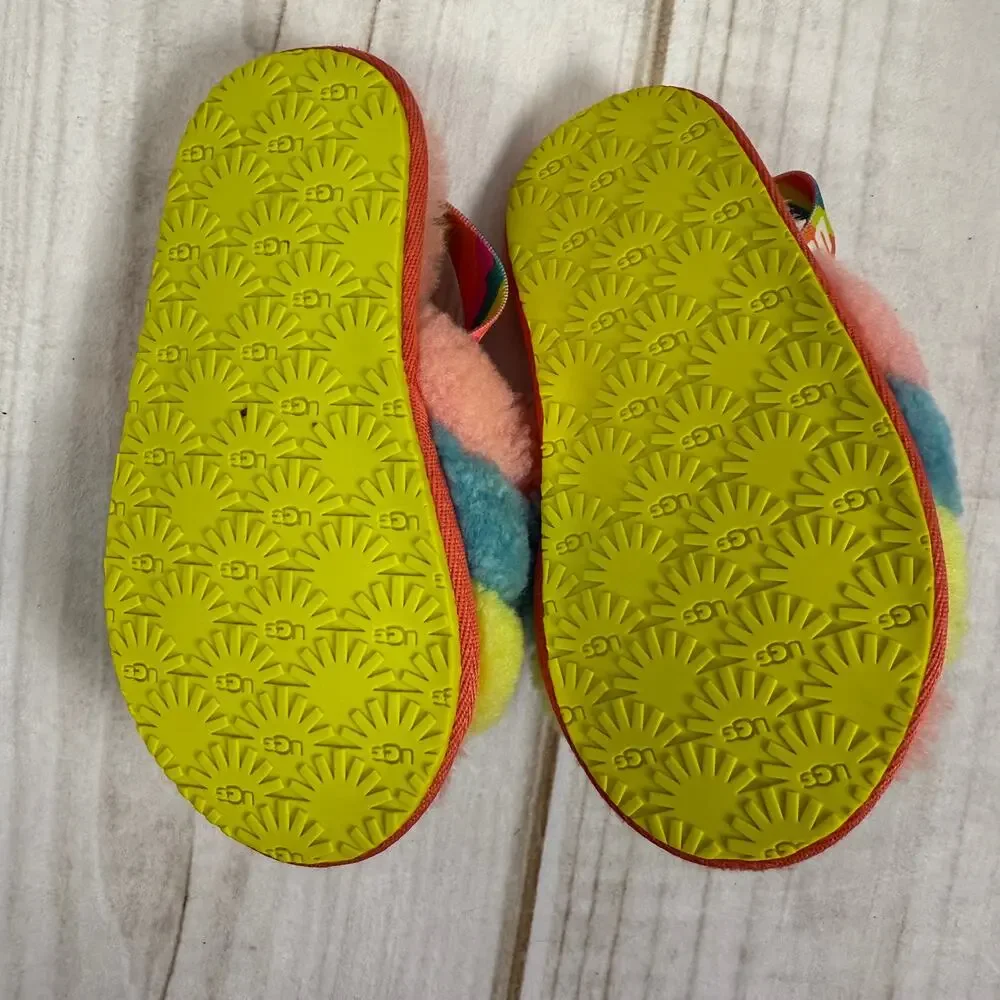 UGG Kids Rainbow Fur Fluff‎ Yeah Slides Slippers Pink Blue Yellow Size 9 Toddler